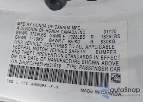 2020 Honda Civic Lx from USA, damaged, VIN 2HGFC2F65LH531818